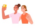 Two female friends make selfie, young women smiling, hugging and taking a selfie together using smartphone, vector