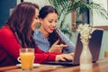 Two female friends using laptop and drinking coffee together Royalty Free Stock Photo