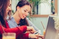 Two female friends using laptop, reading notes and drinking coffee together Royalty Free Stock Photo