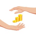 Two female hands around gold dollar coins. Saving and protection of money, capital and finance