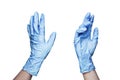 Two female hands in blue rubber medical gloves white background isolated closeup, doctor or nurse hands in latex protective gloves Royalty Free Stock Photo