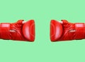 two female hands is wearing a red leather boxing glove on a green background Royalty Free Stock Photo