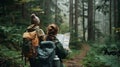 Two Female Hikers Navigating a Summer Forest Trail with Backpacks and Map, the image in green tones Royalty Free Stock Photo