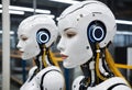 two female humanoid robots standing side by side in a clean industrial environment Royalty Free Stock Photo
