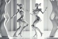 Two female robots dancing. Couple or friends. Artificial intelligence, digital technology. Digital smart world metaverse