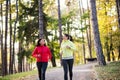 Two female runners jogging outdoors in forest in autumn nature. Royalty Free Stock Photo