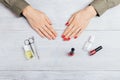 Two female's hands during manicure showing before and after Royalty Free Stock Photo