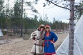 Two female saami, sami in national dress, saami village on the Kola Peninsula, Russia Royalty Free Stock Photo