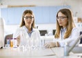 Two female scientific researchers looking at a flasks with solutions in a laboratory