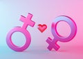 Two female sex symbols with heart and neon light. Venus symbol for women. Gender sign. Love, LGBT community. Lesbians Royalty Free Stock Photo