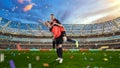 Two female soccer players celebrating victory on soccer filed Royalty Free Stock Photo