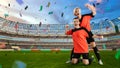 Two female soccer players celebrating victory on full stadium Royalty Free Stock Photo