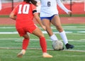 Two female soccer players fighting for possession of the soccer ball