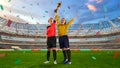 Two female soccer players holding victory cup on crowded stadium