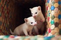 two ferrets playfully chasing each other through a tube maze