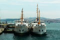 Two ferryboats docked at the pier.