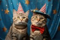 two festive adorable tabby cats in party hats on a blue background with stars