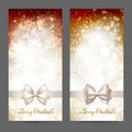 Two festive greeting cards with ribbon bow and shine gold inscription Merry Christmas. Glittering holiday Xmas greeting