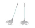 Two fiber mops in different positions. Cleaning service. Gray flat mop with laces, with ropes. Floor cleaning concept
