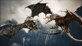 Two fierce Wyvern dragons attacking for territory high above the ancient mountains.