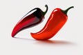Two fiery red chili peppers on a white background