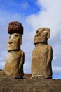 Two of Fifteen Moai Statues and the Only One with Topknot Called Pukao Made from Red Scoria, Ahu Tongariki Easter Island, Chile