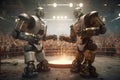 Two fighting robots square off against each other in a ring,