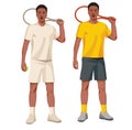 Two figures of black tennis player in a white and yellow sports uniform standing straight and holding a racket in his hands
