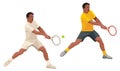 Two figures of Nigerian tennis player who hits the ball with a racket holding it with two hands at backhand