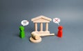 Two figures of people opponents stand near the courthouse and the judge`s gavel. Conflict resolution in court, claimant