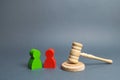 Two figures of people opponents stand near the judge`s gavel. Conflict resolution in court, claimant and respondent. Court case