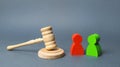 Two figures of people opponents stand near the judge`s gavel. The judicial system. Conflict resolution in court, claimant Royalty Free Stock Photo
