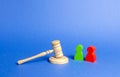 Two figures of people opponents stand near the judge`s gavel. The judicial system. Conflict resolution in court, claimant Royalty Free Stock Photo