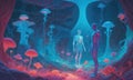 Two figures stand in a glowing, ethereal forest, surrounded by large, luminous mushrooms Royalty Free Stock Photo