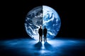 Two figures stand before a split Earth, displaying contrasting colors and elements in a dramatic scene Royalty Free Stock Photo