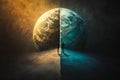 Two figures stand before a split Earth, symbolizing isolation between contrasting environments and experiences Royalty Free Stock Photo