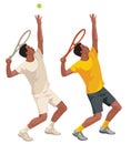 Two figures of a standing African tennis player on the court in yellow and white uniform serving the ball at a set