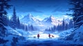 Two figures walk through a snowy mountain landscape at twilight Royalty Free Stock Photo