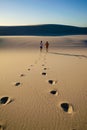Tracks left by two figures walking into the distance across a deserted sand dune