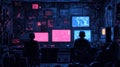Two Figures Working on Computers in a Dark Cyberpunk Room