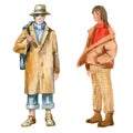 Two figures of young people in casual clothes. They go to the viewer. Full-length. Watercolor illustration