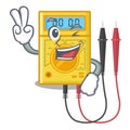 Two finger digital multimeter isolated with the character Royalty Free Stock Photo