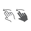 Two finger flick left line and glyph icon, gesture and hand, swipe sign, vector graphics, a linear pattern on a white