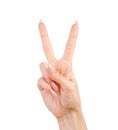 Two finger sign as hand gesture isolated over white