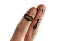 Two fingers with cartoon man face painted as happy and free homosexual couple in love celebrating Valentines day or getting