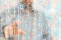 Fingers posing on an illustrative big data and cybersecurity blockchain floating in the air