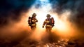 Firefighter team, using water and extinguisher to fighting with fire flame in an emergency situation. Royalty Free Stock Photo
