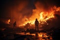 Two firefighters battle huge flames, burning scrap silhouette