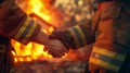Two firefighters shaking hands in front of a blazing fire, symbolizing unity, bravery, and mutual support in a dangerous situation Royalty Free Stock Photo