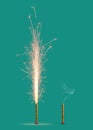 Two fireworks burning and burnt on a turquoise background.